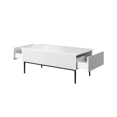 Stolik kawowy Nicole 120 cm z szufladami i metalowymi nogami - biały mat / czarne nóżki